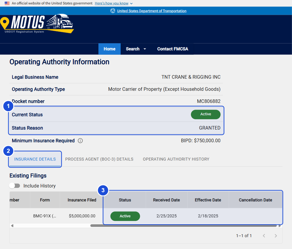 Motus operating authority page for USDOT 1843980 with Current Status, Status Reason, the Insurance Details tab and the filing dates marked